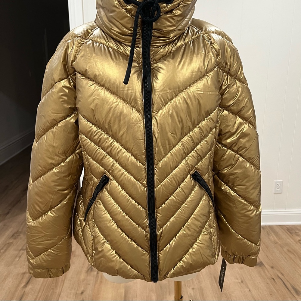 GUESS Metallic Gold Quilted Hooded Puffer Coat Women XXL/2X Zip NWT - Picture 4 of 16